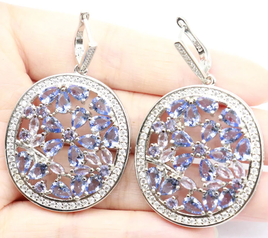 Buy 5 Get 1 Free 55x33mm Big Round Rich Blue Violet Tanzanite Pink Morganite CZ Woman's Daily Wear Silver Earrings