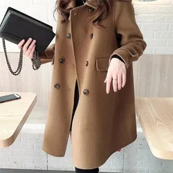 Chic Double-Breasted Woolen Jacket Female Korean Casual Women's Autumn Winter Coat Elegant Red Woolen Windbreaker Outerwear NEW