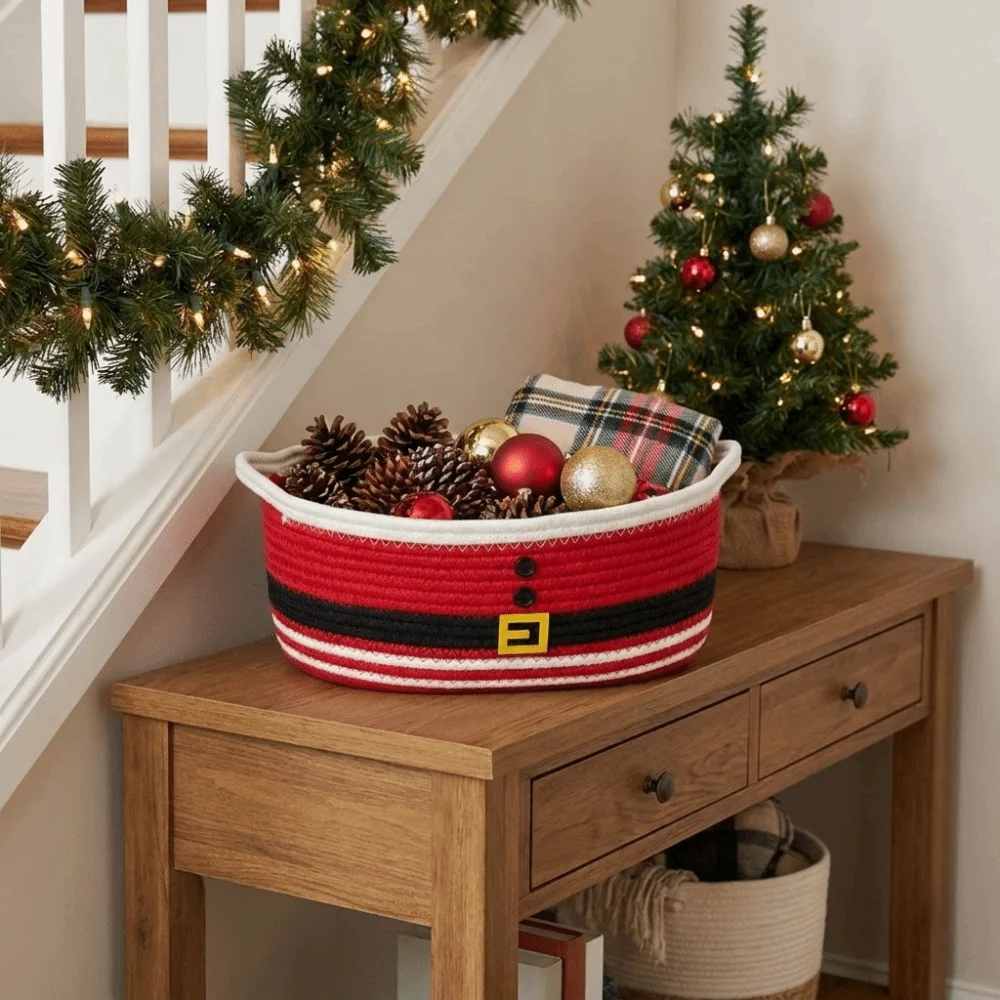 Cotton Rope Christmas Woven Storage Basket Ribbon Trim Braided Christmas Gift Basket Santa Claus Decorative Storage Bin