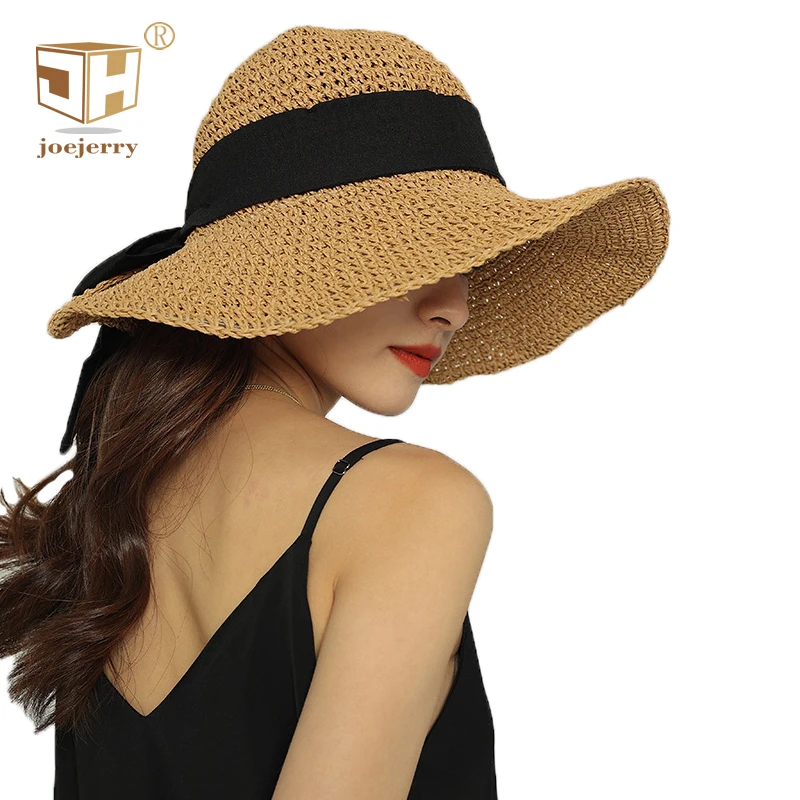 Sombreros de Sol de ala ancha para mujer, sombrero de playa de paja con lazo de ganchillo, sombrero de cubo de viaje plegable Beige