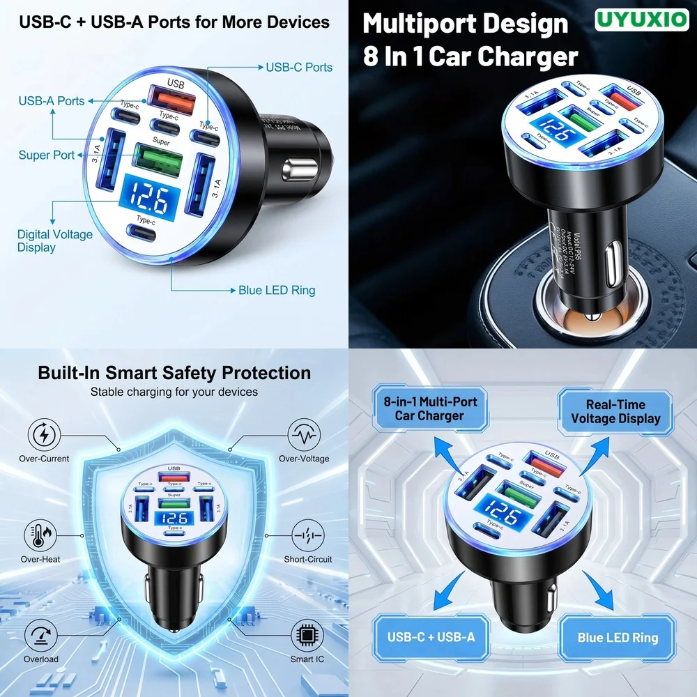 Smart Multi Port 8 in 1 Car Charger for iPhone 16 Pro Max Samsung S26 Ultra iPad with LED Digital Voltage Display for Trip