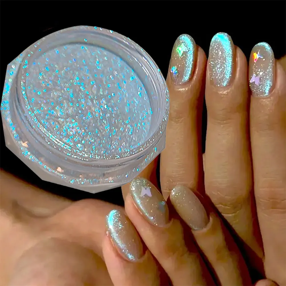 1Jar Fairy Blue Ice Transparent Nail Art Powder High Gloss Shining Crystal Nail Pigment Manicure Aurora Powder Rubbing Dust 0.5g