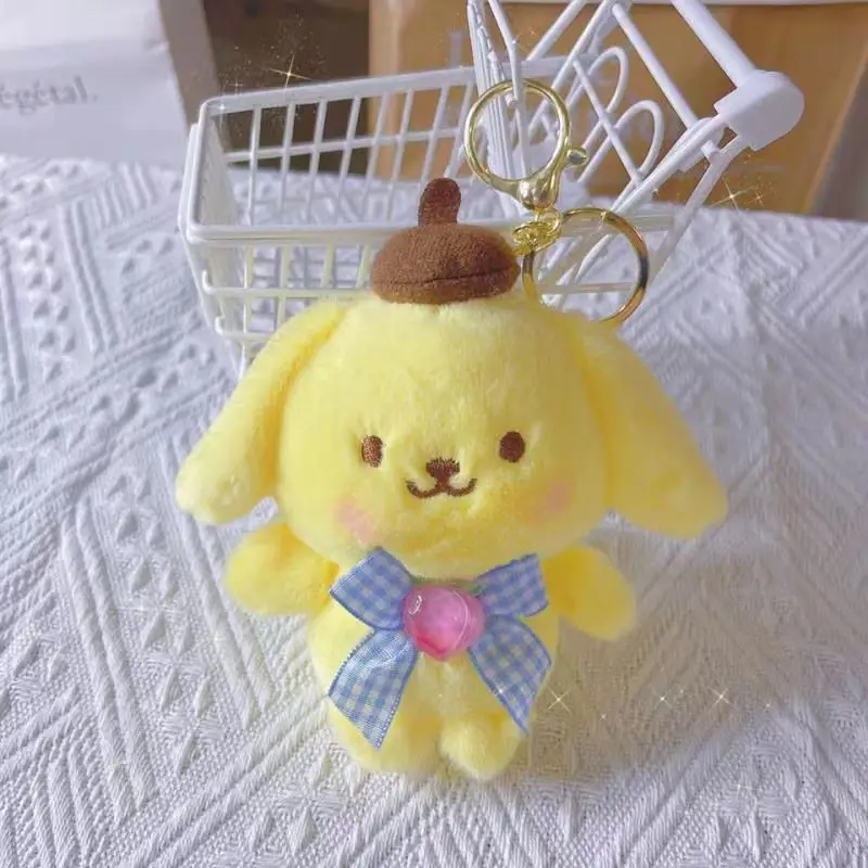 

Kawaii Hello Kitty Cinnamoroll Pompompurin Plush Toy Cartoon Plaid Bow Plush Keychain Anime Peripherals Schoolbag Charm Ornament