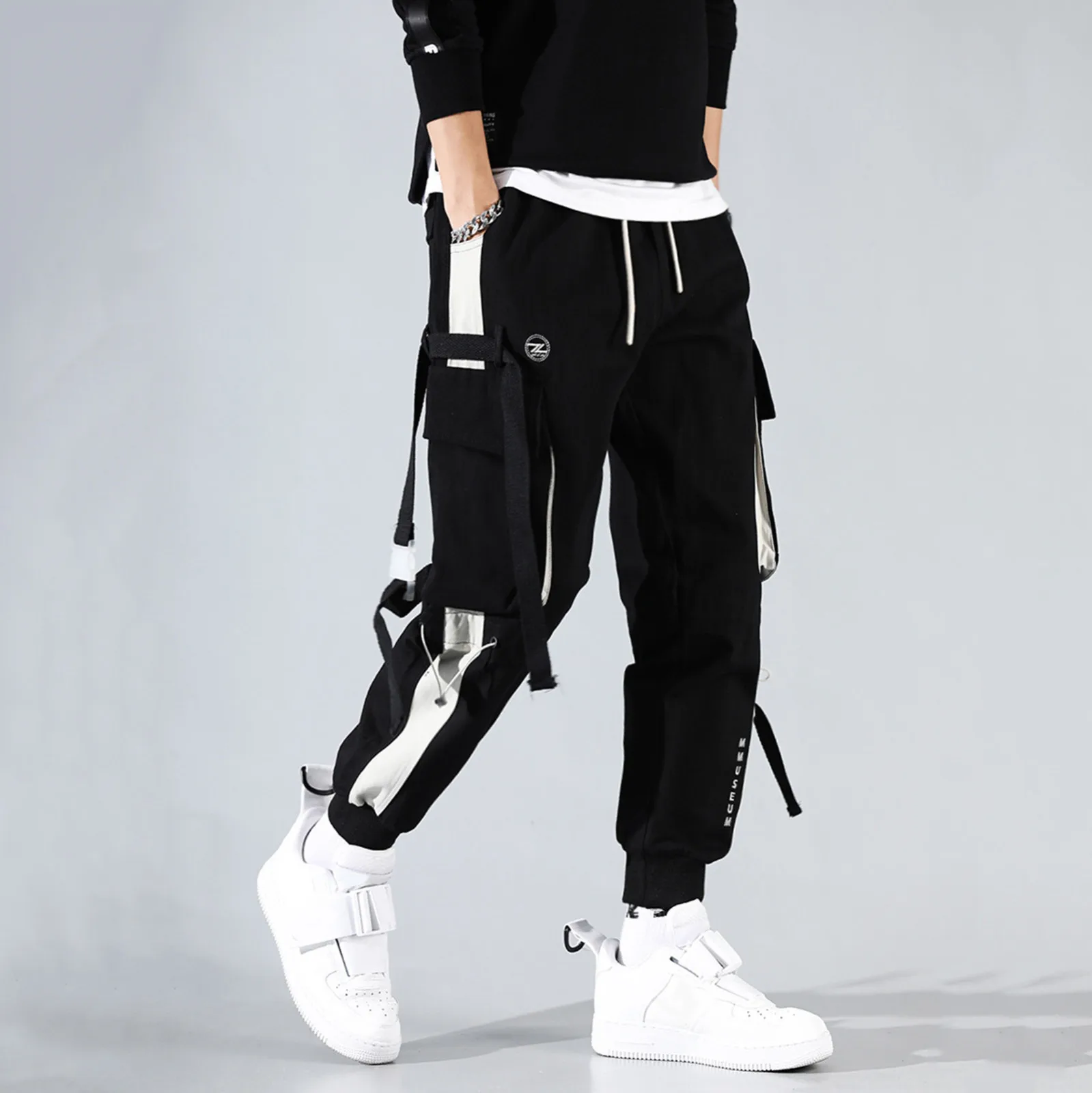 

Men's Cargo Pants Casual Hip Hop Hit Solid Color Multiple Pockets Trousers Streetwear Ribbons Techwear Soft Comfort Sweatpants