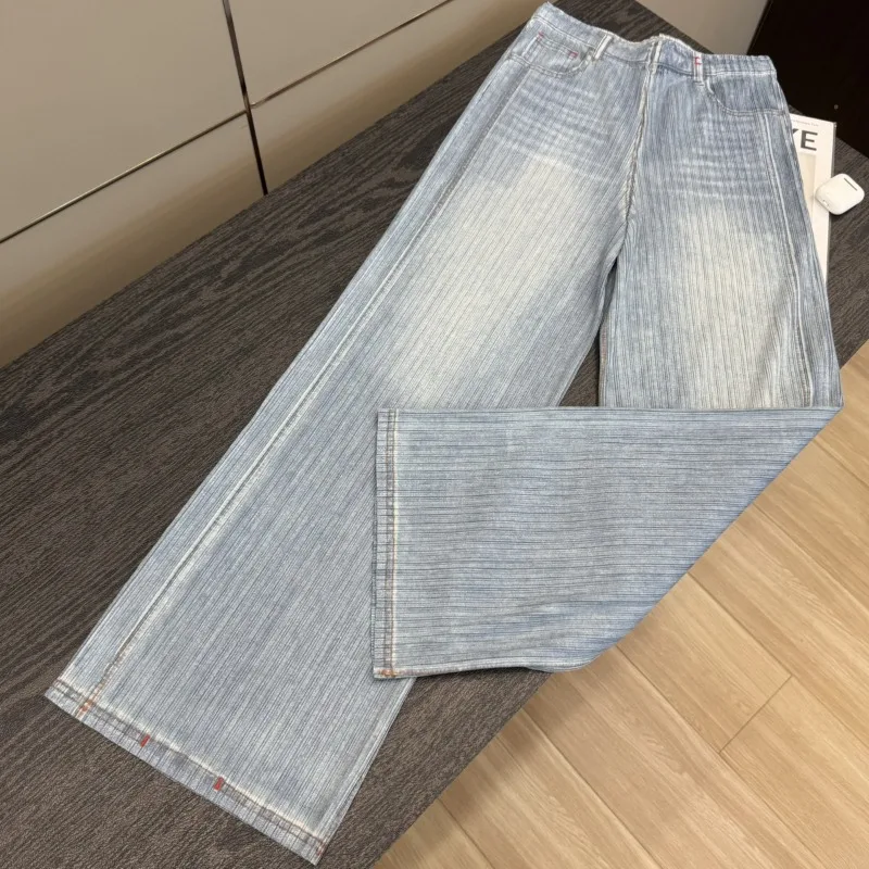 Miyake Pleated 2026 Spring/Summer New Minimalist Style Vertical Striped Fine Shiny Denim Color Versatile Loose Wide Casual Pants