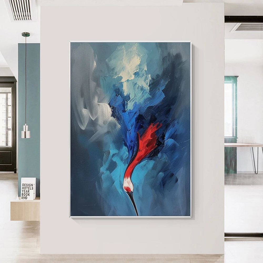 Hand Painted Oil Painting Ren And Blue Abstract Painting Red Crowned Crane Wall Decor Texture Painting Wall Art Maximalist Decor