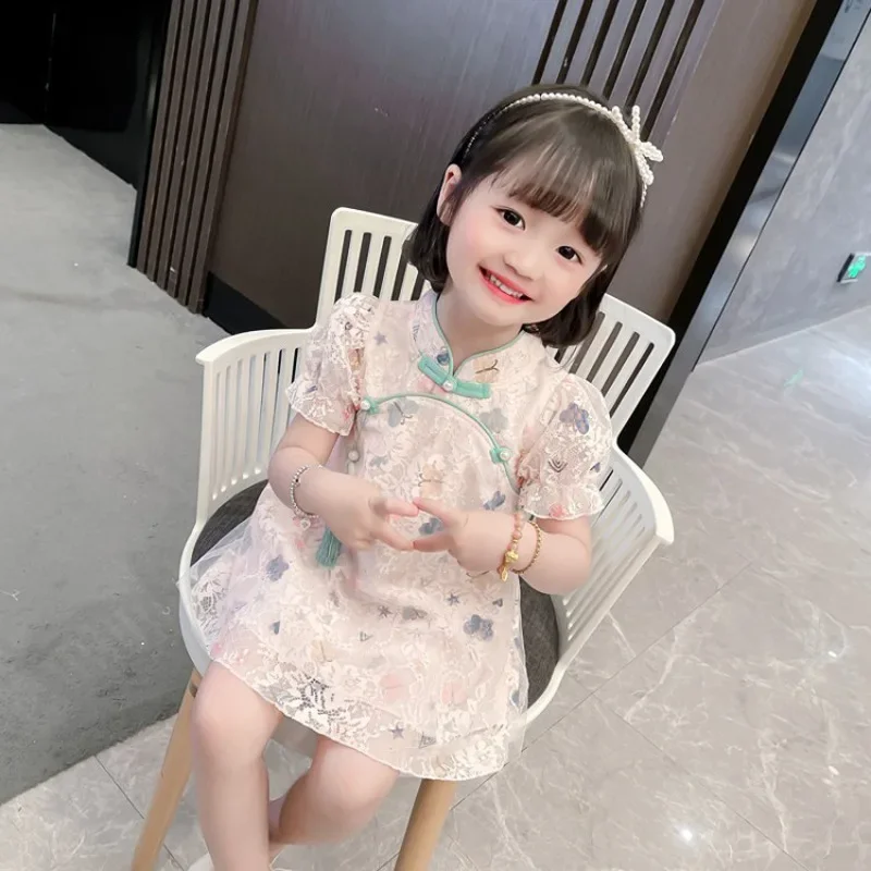 New Models Girls Summer Cheongsam Dress Butterfly Short Sleeve Vintage Princess Dress Baby Lace Chinese Style Skirt