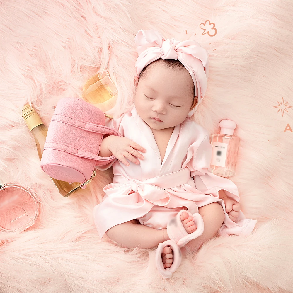 Sweet Princess Style Newborn Bathrobe Photography Props Set Pink Baby Bathrobe+Shower Cap+Bow Hairband Studio Photo Accessories