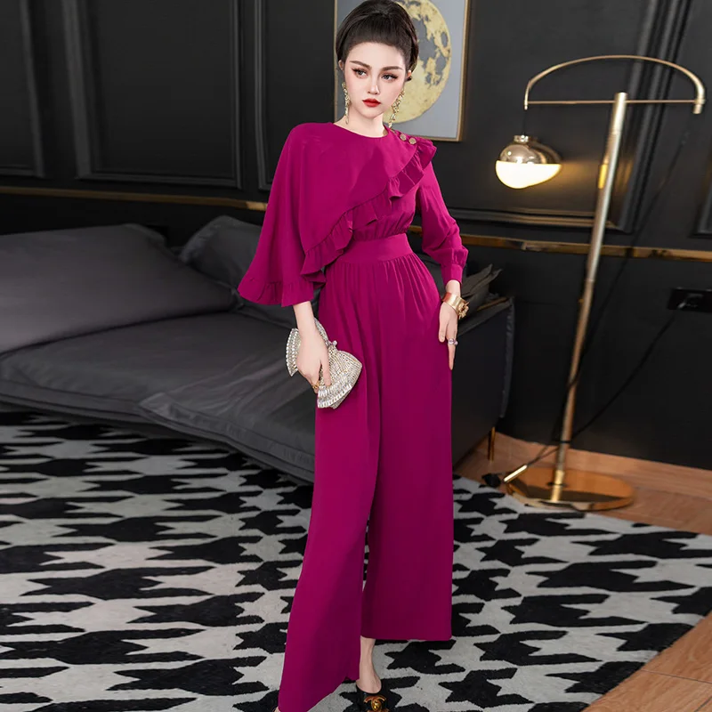 ZJYT Spring Elegant Jumpsuits Womens Rompers Long Sleeve Irregular Ruffles Pants Office Lady Party Jumpsuit Overalls 2025 New