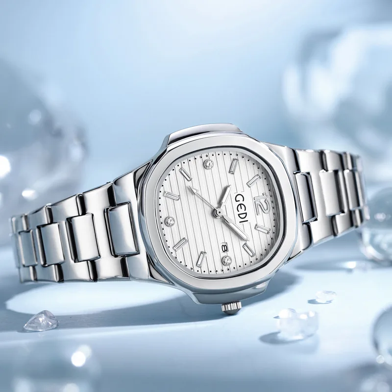 

GEDI брендовые легкие роскошные элитные часы женские деловые стальные полоски календарь водостойкие женские модные кварцевые наручные часы подарок