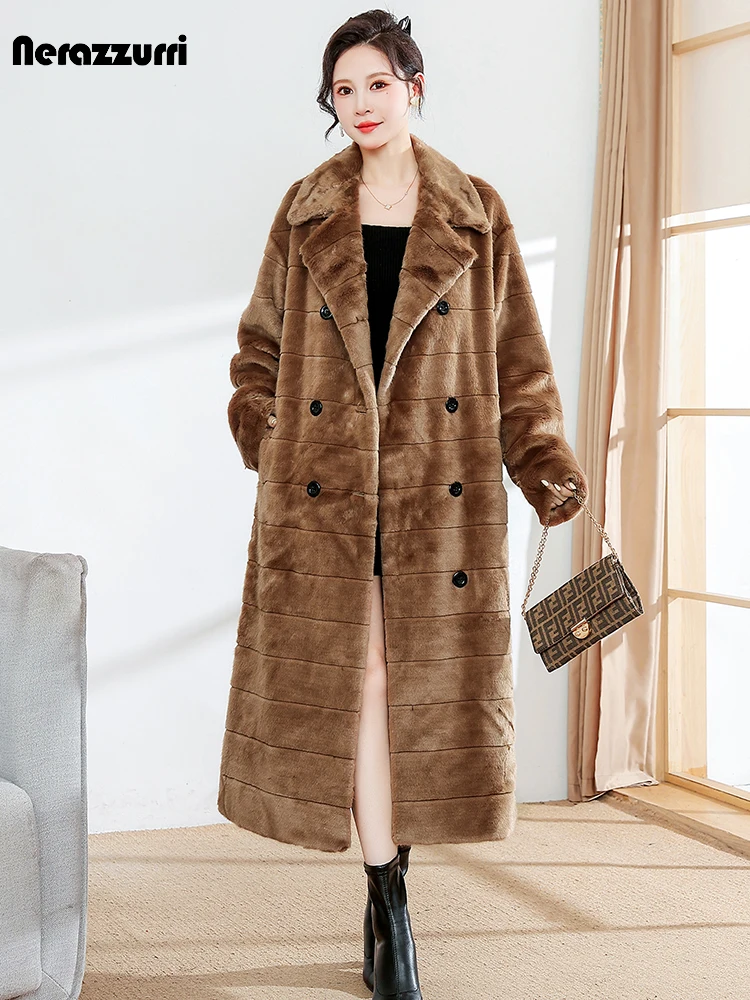 Nerazzurri Winter Long Striped Thick Warm Fluffy Faux Fur Trench Coat for Women Sashes Double Breasted Luxury Furry Overcoat