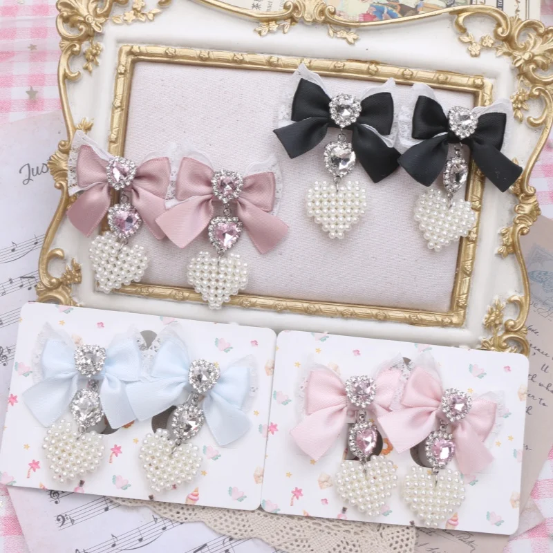 

Lace Bow Handmade Lolita Earrings Rhinestone Heart Pearl Pendant Earrings Clips for No Ear Piercings 925 Silver Needle