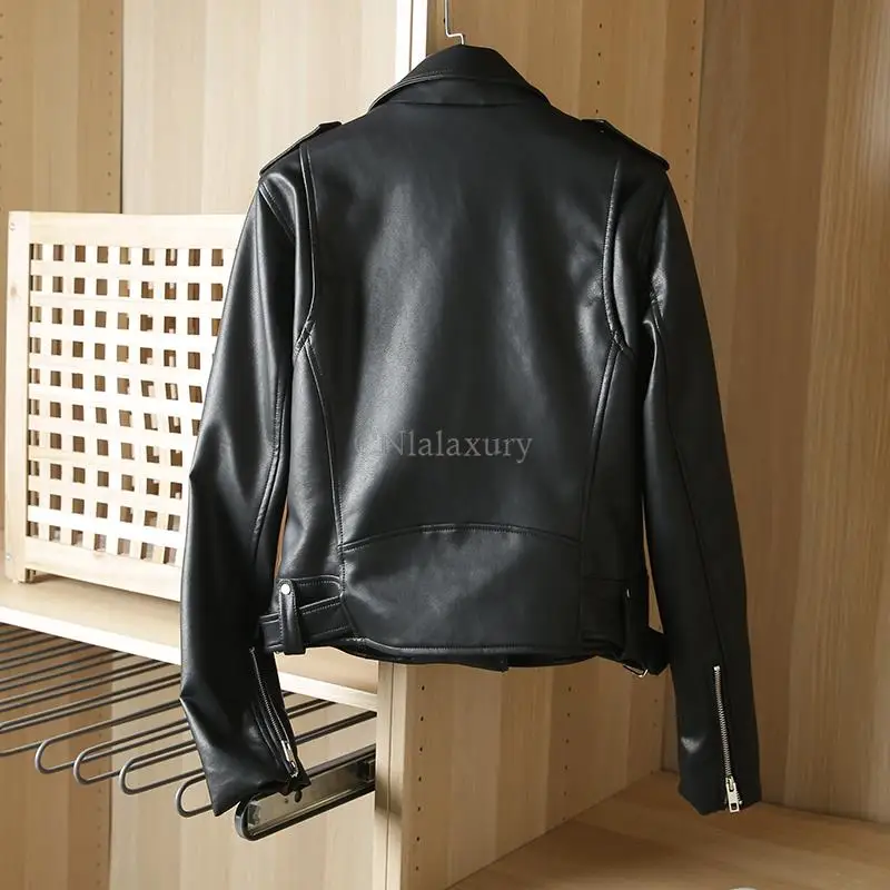 2023 New Spring Autumn Women Black Faux Leather Jacket Casual Zipper With Belt Biker Coat Female Casual Solid Short Outwear