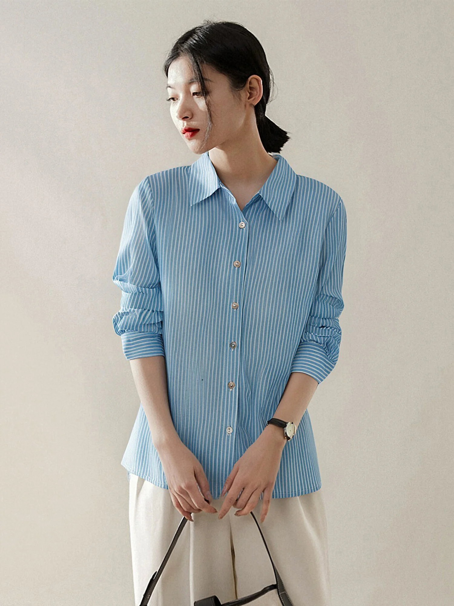 

Женская рубашка Chivirin в сине-белую полоску с длинным рукавом, осенняя новинка, профессиональный топ для офиса, удобный свободный крой