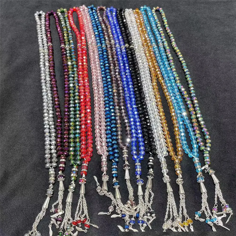 Islamic Muslim Prayer Beads Glass Crystal Tasbih Tasbeeh Misbaha Faceted 99 Bead Rosary Allah Muhammad Ramadan Tassel Bracelet