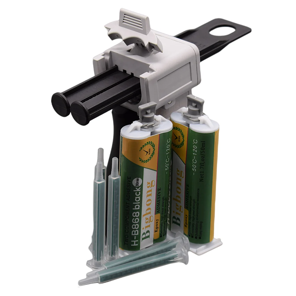 

2pcs 50ml Epoxy Adhesive High Temperature -50℃-120℃ 1:1 Black AB Glues and 50ml 1:1 AB Glue Gun with 5pc Static Mixing Nozzles