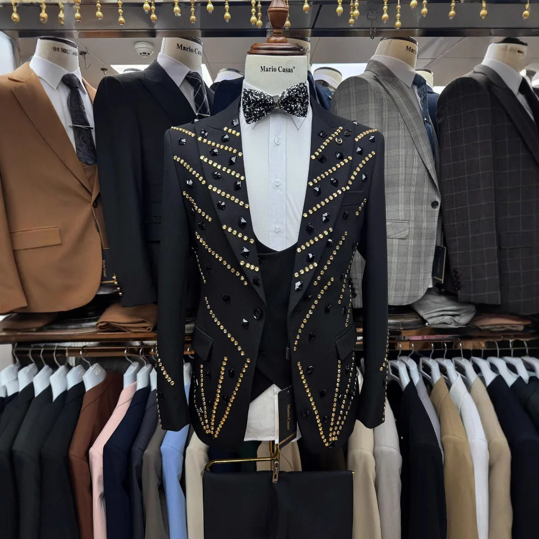 

2025 New Men's Black High-end Banquet Dress Men's Suit Set 3-piece Set （Coat + Trousers + Waistcoat） Mens Suit