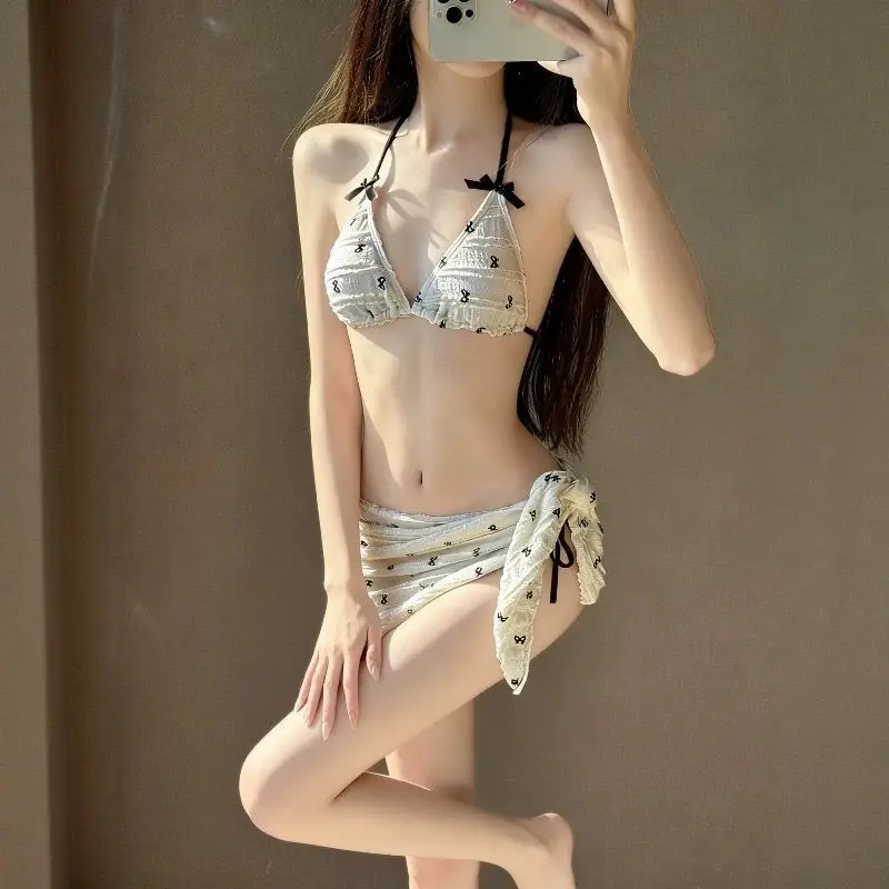 

French Bow Print Bikini Set Women Sexy Elegant Lace Trim Swimsuit Small Bust Bathing Suit Beach Wear