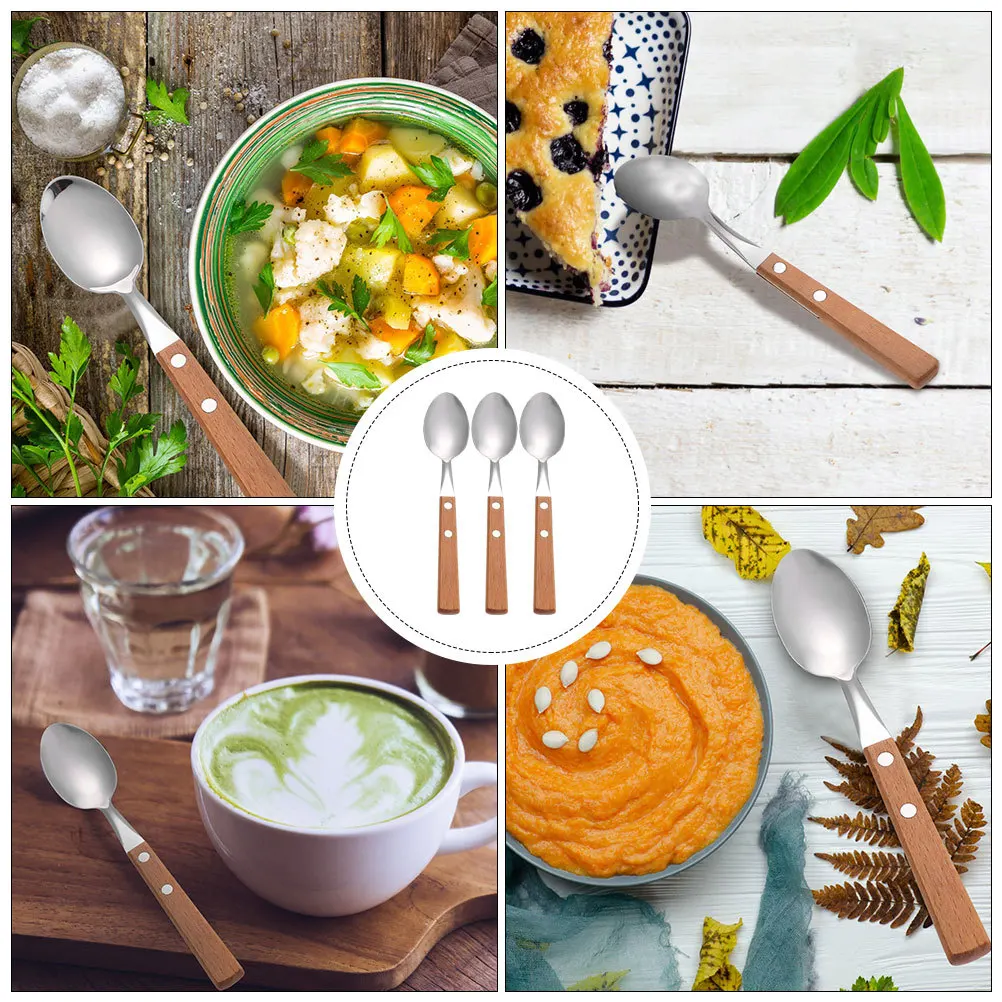 

3pcs Stainless Steel Spoon Wooden Handle Dessert Spoons For Cake Coffee Ice Cream Food Scoops Kitchen Tableware Home Restaurant