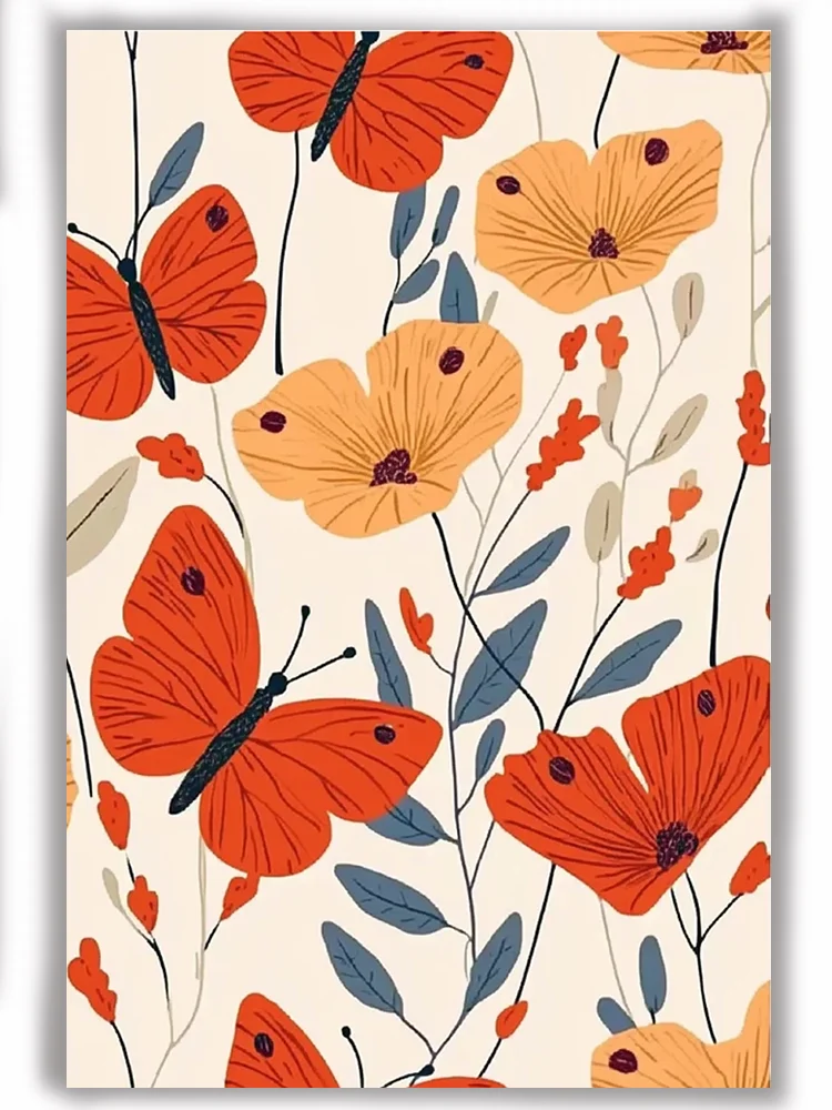 

Abstract Plant theme Flower Butterfly Poster Vintage Classic Red Orange Home Wall Decor Canvas Decorative Painting