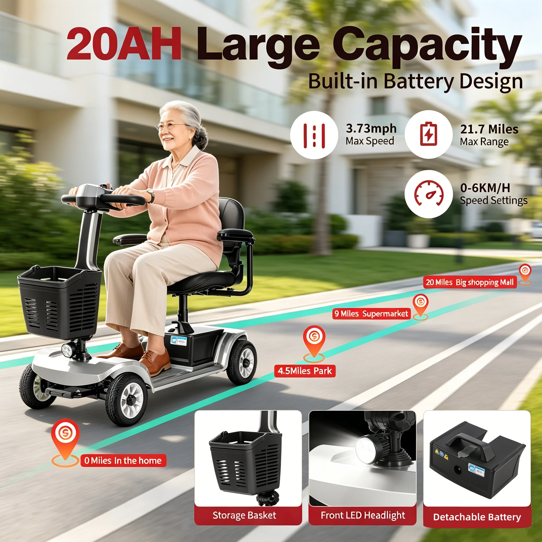 

UNIFICARE 20Ah Removable Battery 4 Wheel Electric Mobility Scooter Silver Heavy Duty Comfortable Adjustable Seat LED Lights Stable Anti-Slip Long Range Portable Scooter for Elderly Disabled Patients Outdoor Travel Home Daily Use