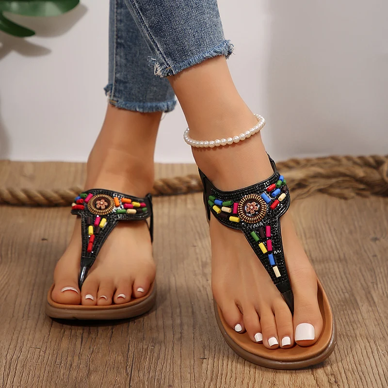 Fahsion Mix Color Bohemian Sandals for Women Summer Clip Toe Flat Heel Rome Sandals Woman Crystal Non-Slip Beach Sandalias Mujer