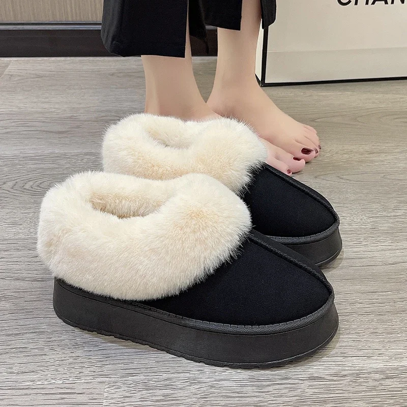 Winter Warm Thicken Plush Chunky Platform Cotton Slippers Women Flat Heels Fur Slippers Woman 2024 New Faux Suede Fluffy Shoes