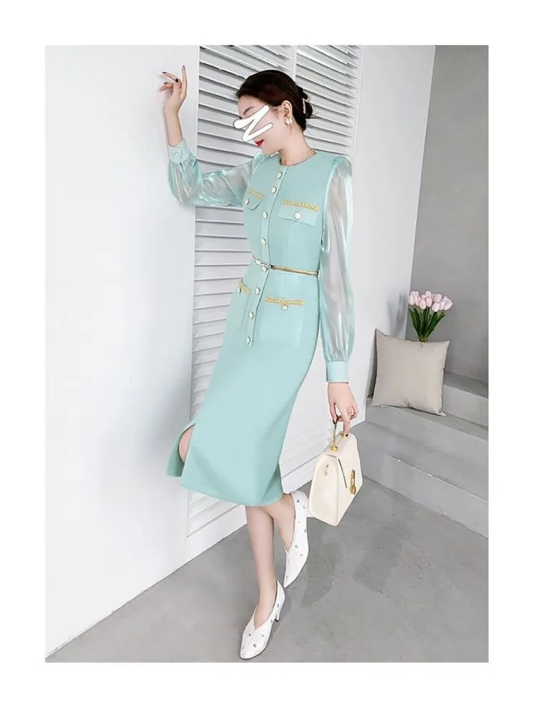 Insozkdg Blue Little Fragrant Work Dress Long Maxi Elegant Fashion Spring Celebrity Temperament Professional Commuting Korean