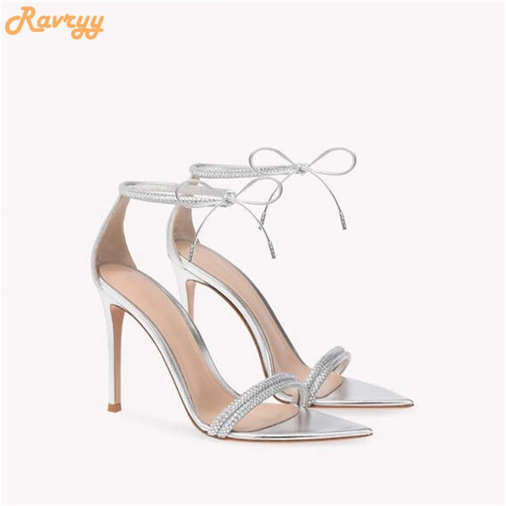 Crystal Rhinestone One Word Belt Sandals Pointed Toe Stiletto Heel Lace Up Shoes Ankle Strap Cover Heel Sandal Women Shiny Heels