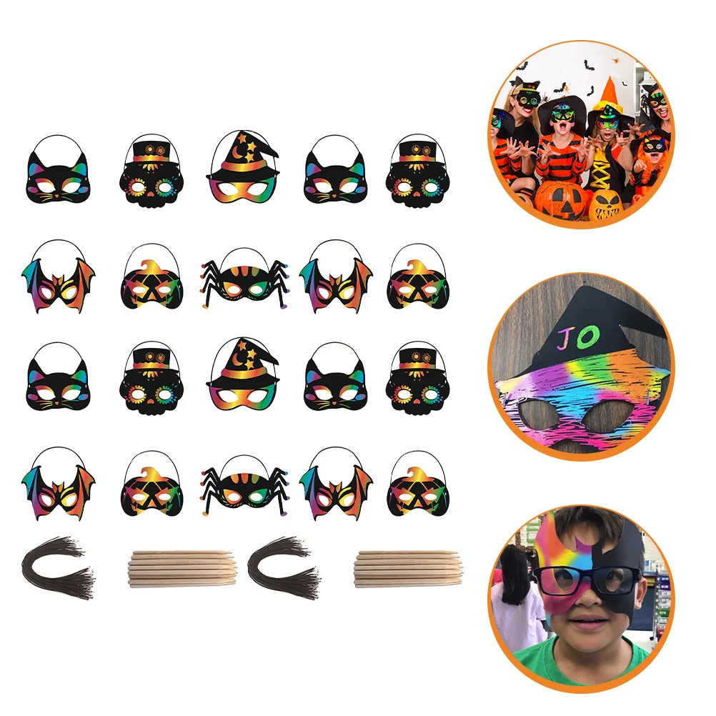 28 Pcs Halloween Mask Kids Scratch Painting Toys Rainbow Paper Anti-scratch Black