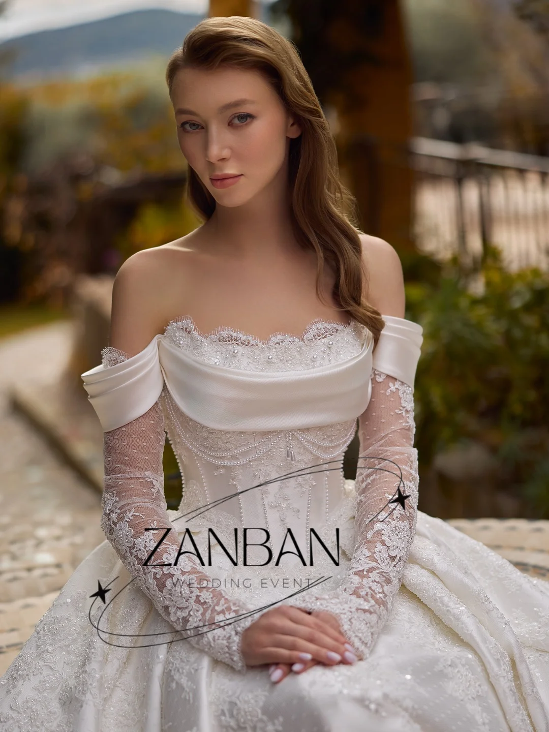 ZanBan A Line Women Wedding Dress Off Shoulder Long Sleeves 2026 Bridal Gowns Pearls Beaded Lace Sweep Train Dress Customized