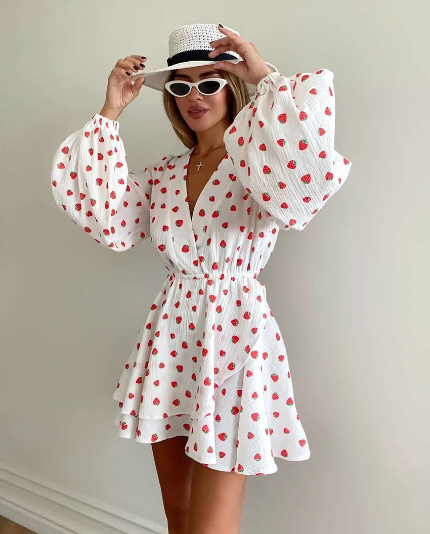 Printing Strawberry Elegant Women Dress Lantern Sleeves Wrape Lace-Up Mini Dress Vacation 2025 Female Casual Dress