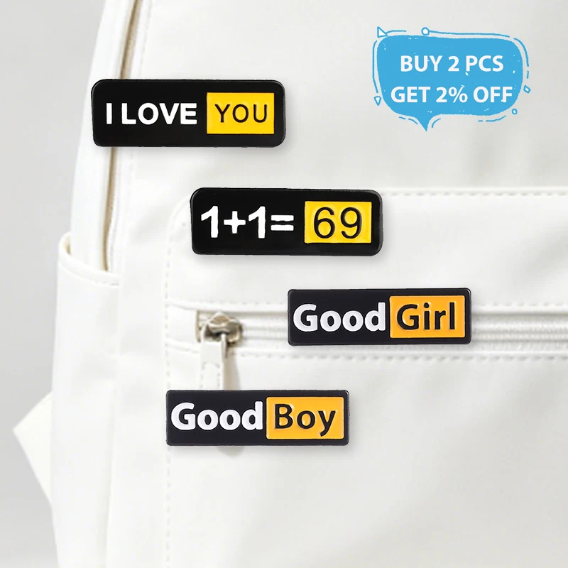 Good Girl Good Boy Emaille-Anstecknadel 1+1=69 Gleichung & Ich Liebe Dich Brosche Taschen-Abzeichen Valentinstag Schmuck Geschenk für Paare Beste Freunde – Detail 2