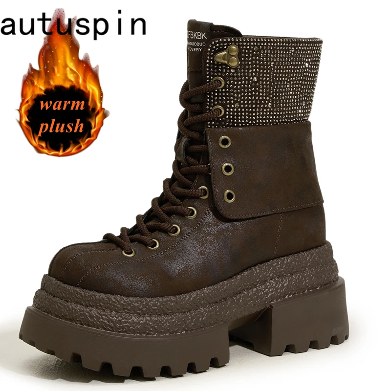 

AUTUSPIN Winter Crystal Boots Women Outdoor Keep Warm Shoes Microfiber Leather Brown Ankle Booties Ladies Fashion Ankle Botas
