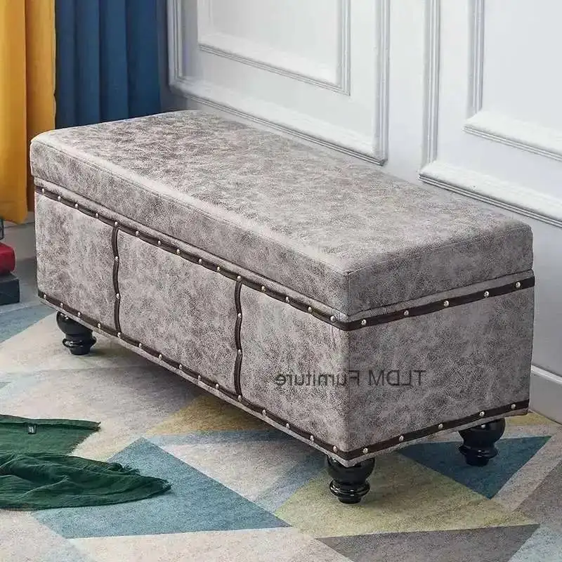 Furniture Stołek Comfort European Simple Vintage Ottomans Bench Shoes Rectangle Bench Taburete Storage Otomano Grey Minimalism