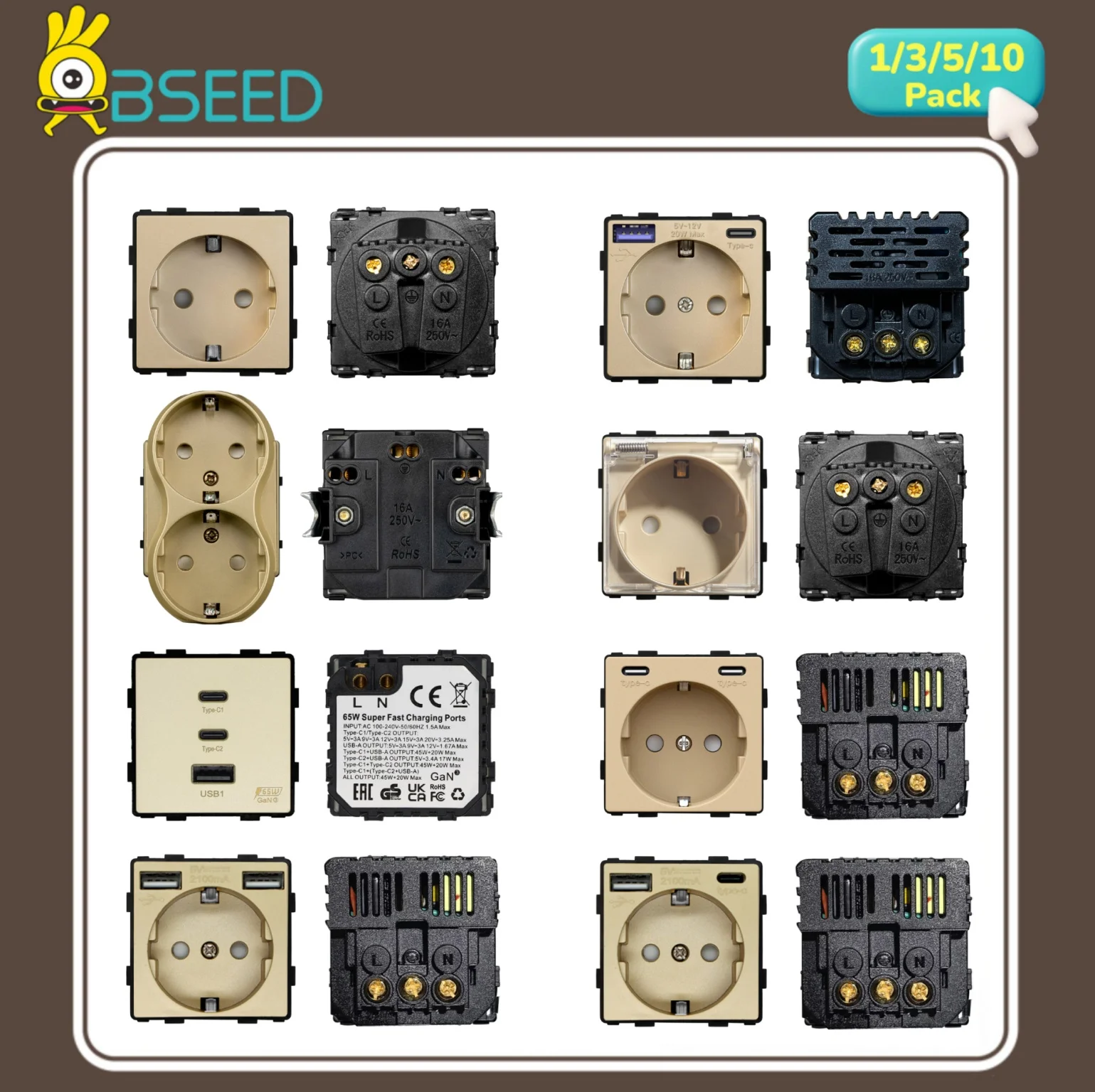 BSEED Wall Socket Modules Phone Charge Type-C Socket Parts Dual USB Socket Insert Free Combination Gold Part EU Without Frames