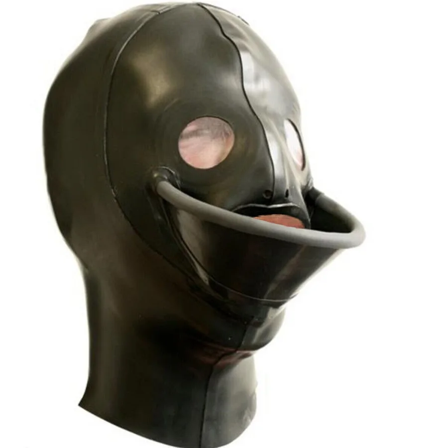 Pure Rubber Latex Black Hood Cosplay Mask Masquerade Funnel Mouth Headgear Rear Zipper 0.4MM