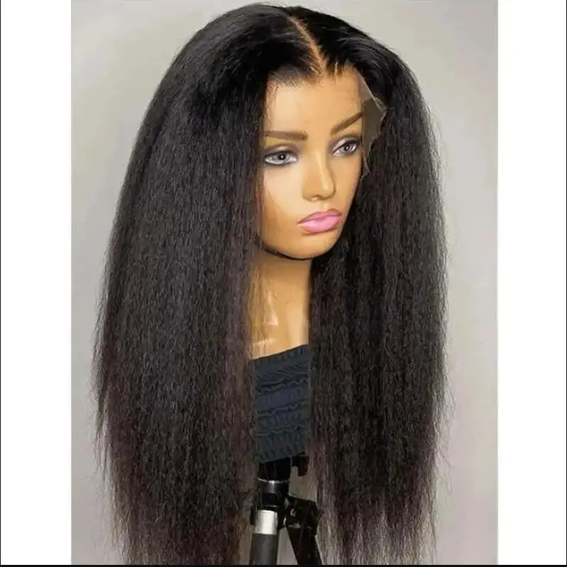 Glueless Yaki dritto lungo naturale nero morbido 180 densità parrucca anteriore in pizzo per le donne capelli del bambino 26 "lungo resistente al calore prepizzicato