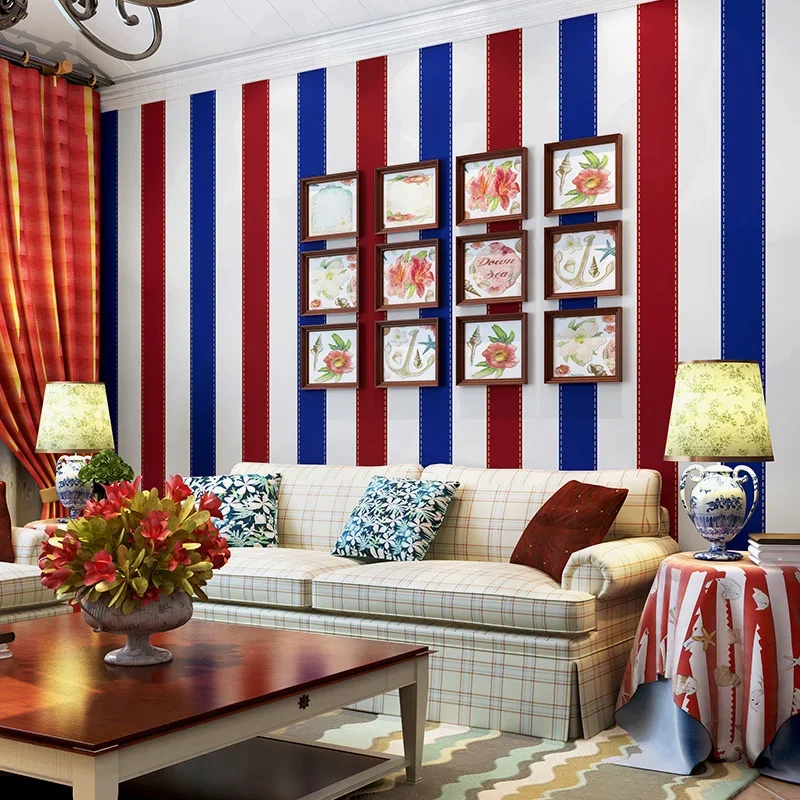 Wind wallpaper European boys' bedroom children's room red and blue vertical stripe British Wind wallpaper