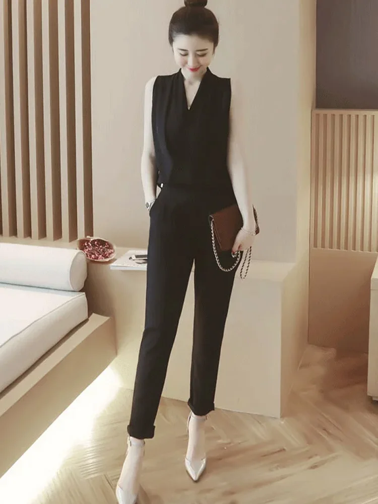 Women Office Pants Suits 2024 Solid Sleeveless Single Breasted Slim Blazer High Waisted Casual Connected Pants 2 Piece Set