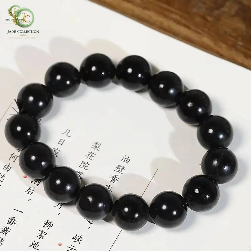 Genuine China Nephrite Stone Black Jade Bracelet Men Women Certified Jewelry Chinese Natural Hetian Jade Beads Beaded Bracelets