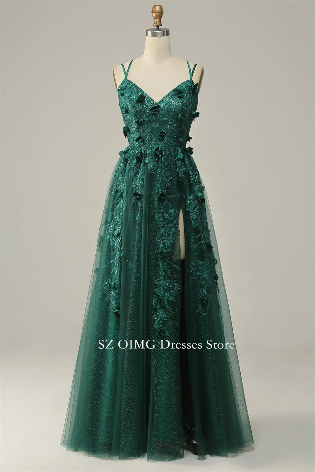 

Dark Green A line Long Prom Dress with Lace evening gowns Party Dresses Applique sleeveless Prom Formal Lace up Bridesmaid Dress