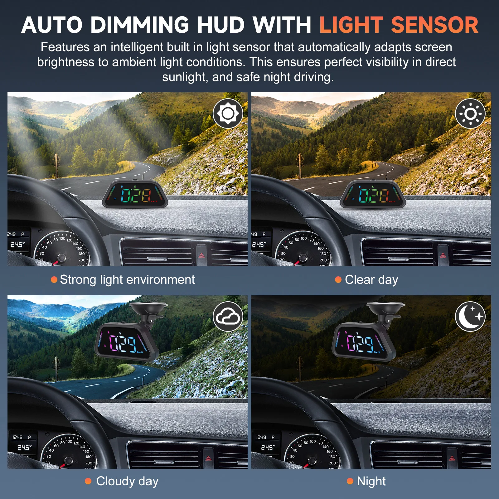 Universelle Anzeigemodi & Vielfältige Farben Echtzeit-MPH-KM/H-Umwandlung Verbesserter GPS-Auto-HUD-Tachometer für Alle Fahrzeuge 360°-Halterung – Detail 2