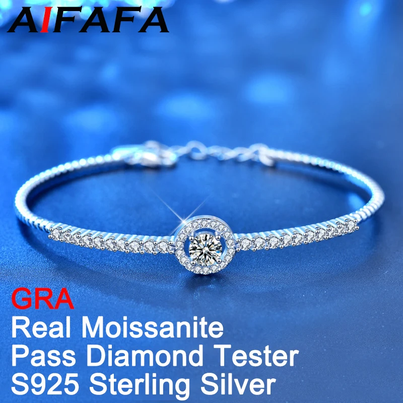 AIFAFA 0.5 Carat Real Brilliant Moissanite Bangle 925 Sterling Silver Cuff Bracelet Jewelry With Certificate Pass Diamond Test