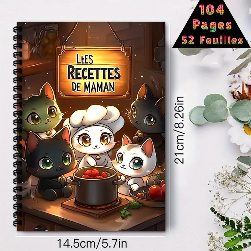 Française Livre de recettes A5 Spiral Binding Notebook, Recipe Collection Book for  , Cute Cartoon Cat Cooking Theme Design