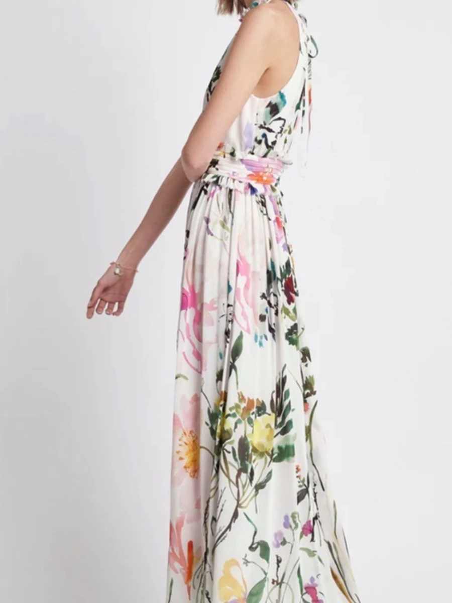 Vgh chiffon flor impressão meados de vestidos para mulheres halter sem mangas cintura alta retalhos cortar férias praia vestido verão novo