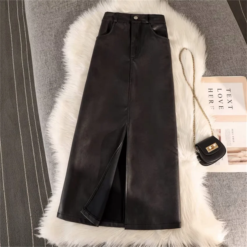 Gowyimmes New Autumn Winter Big Size Women Solid PU Skirt Elegant Office Lady High Waist A-line Skirts Slim Bottomings Midi 1824