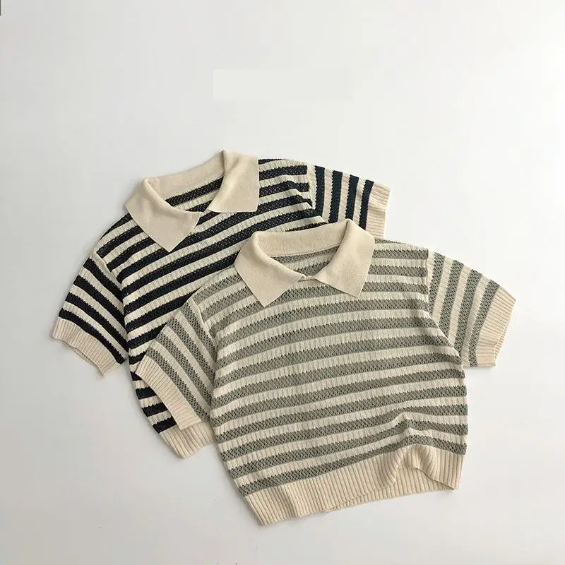 

2024 Summer New Children Short Sleeve T Shirts Cotton Kids Lapel Knit Polo Shirt Boys Girls Vintage Striped T Shirts Clothes