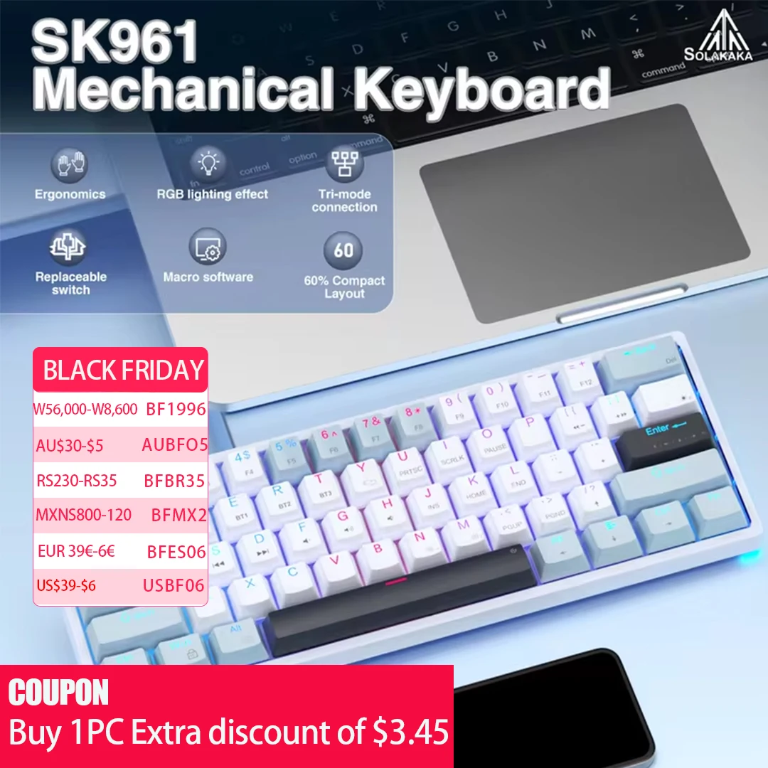 SOLAKAKA SK961 60% Gaming Keyboard Hotswappable Mechanical Bluetooth Wireless Keyboard with RGB Programmable and Macro Software