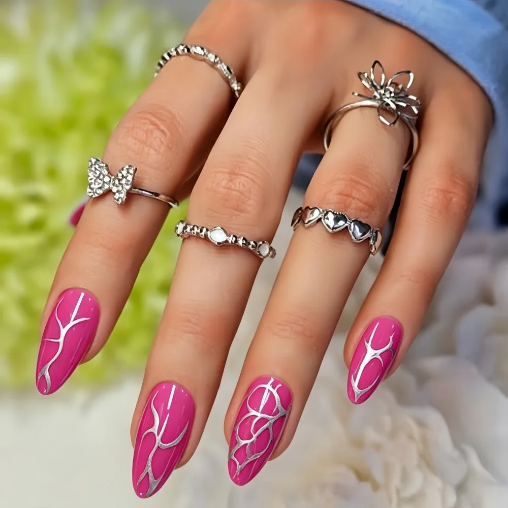 Rose Red False Nails Short Almond Press On Fake Nails Reusable Wearable Full Cover Acrylic Nail Tips Silver Strip False Nails